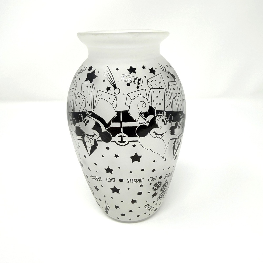 Disney Mickey Minnie Steppin Out Frosted Glass Vase Black White 5.5"